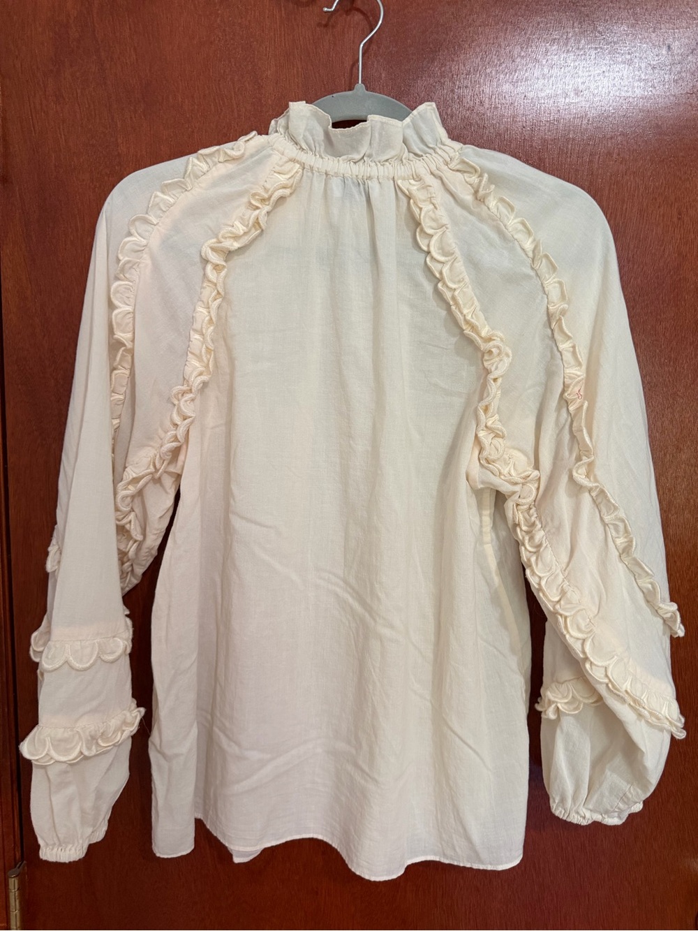 Cream Ruffle-Trim High-Neck Blouse - Picture 2 of 6